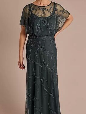 Oleg Cassini Embroidered Illusion Cape Evening Dress - Dark Green NEW with tags.